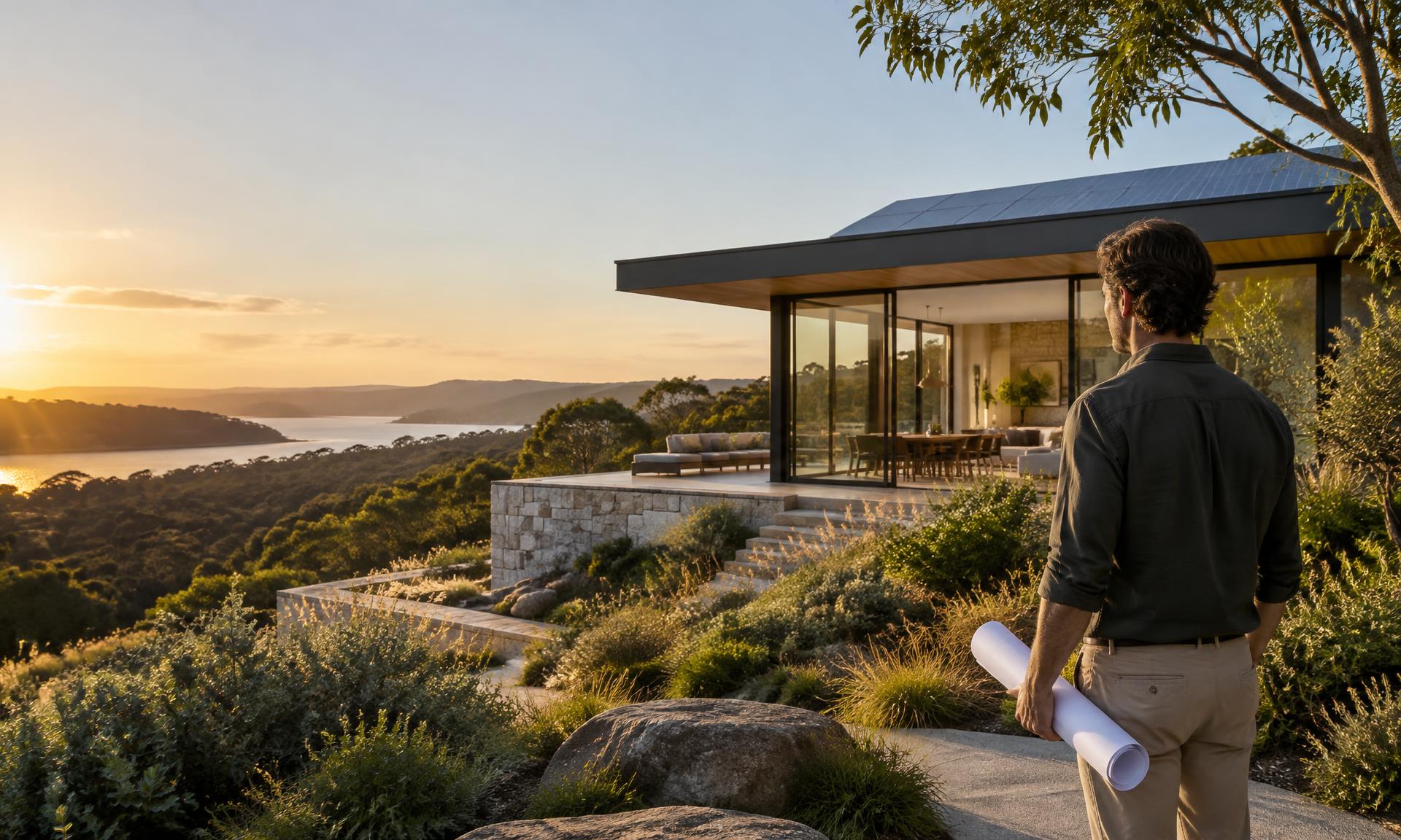 Architect overlooking a solar-powered home in the Australian landscape